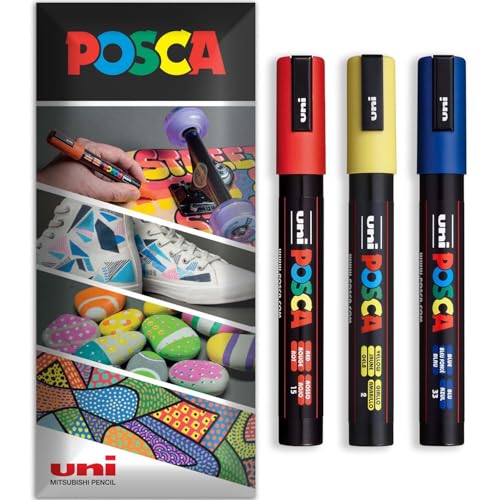 Posca Permanent-Marker auf Wasserbasis, für verschiedene Oberflächen, PC-5M, Packung mit 3 Stiften in Brieftasche, Rot, Gelb, Blau von POSCA