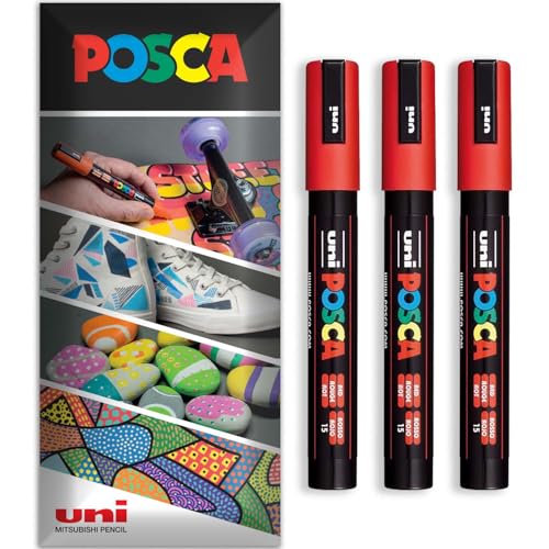 Posca Permanent-Marker auf Wasserbasis, für verschiedene Oberflächen, PC-5M, Packung mit 3 Stiften in Brieftasche, Rot von POSCA