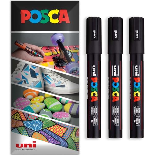 Posca Permanent-Marker auf Wasserbasis, für verschiedene Oberflächen, PC-5M, Packung mit 3 Stiften in Brieftasche, Schwarz von POSCA