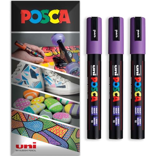 Posca Permanent-Marker auf Wasserbasis, für verschiedene Oberflächen, PC-5M, Packung mit 3 Stiften in Brieftasche, Violett von POSCA