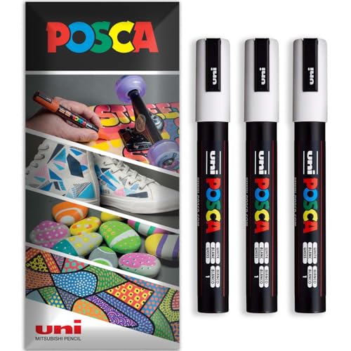 Posca Permanent-Marker auf Wasserbasis, für verschiedene Oberflächen, PC-5M, Packung mit 3 Stiften in Brieftasche, Weiß von POSCA