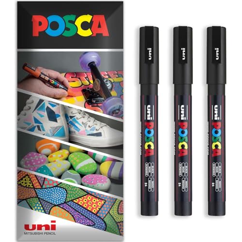 Posca Permanent-Marker auf Wasserbasis, für verschiedene Oberflächen geeignet, PC-3M, Packung mit 3 Stiften in Brieftasche, Schwarz von POSCA