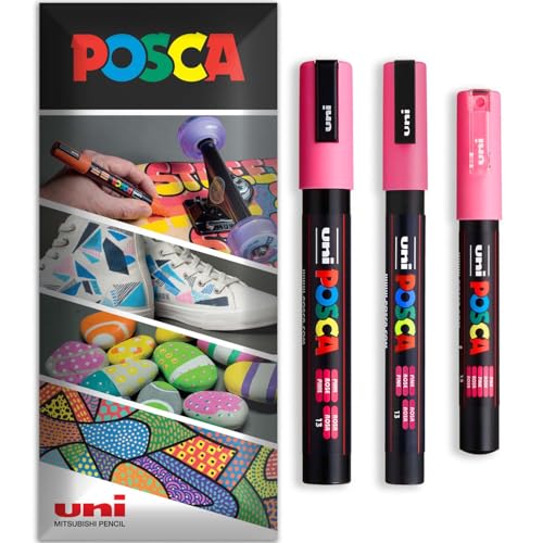 Posca Permanent-Marker auf Wasserbasis, verschiedene Oberflächen, PC-1M, PC-3M, PC-5M, 3 Stifte in Brieftasche, Rosa von POSCA