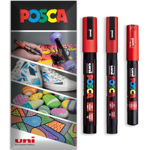 Posca Permanent-Marker auf Wasserbasis, verschiedene Oberflächen, PC-1M, PC-3M, PC-5M, 3 Stifte in Brieftasche, Rot von POSCA