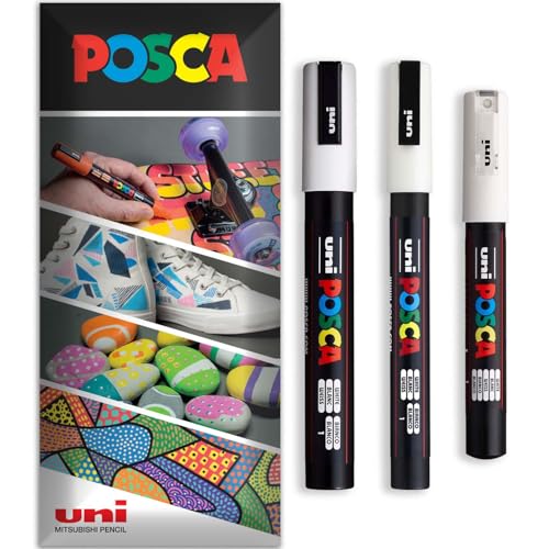 Posca Permanent-Marker auf Wasserbasis, verschiedene Oberflächen, PC-1M, PC-3M, PC-5M, 3 Stifte in Brieftasche, Weiß von POSCA