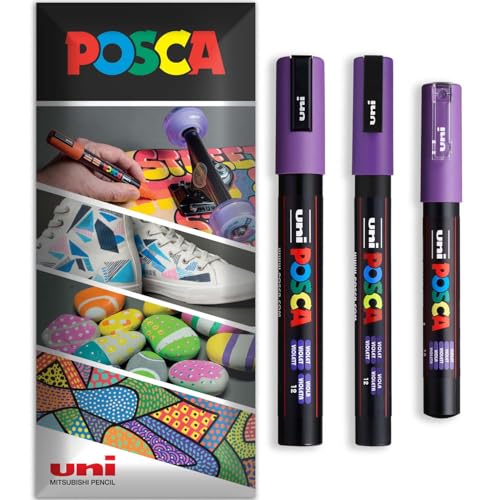 Posca Permanent-Marker auf Wasserbasis, verschiedene Oberflächen, PC-1M, PC-3M, PC-5M, Packung mit 3 Stiften in Brieftasche, Violett von POSCA