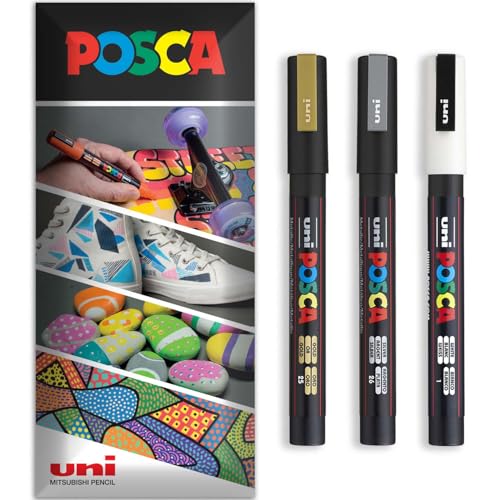 Posca Permanent-Marker auf Wasserbasis, verschiedene Oberflächen, PC-3M, Packung mit 3 Stiften in Brieftasche, Gold, Weiß, Silber von POSCA