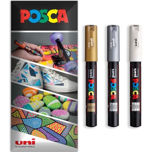 Posca Permanent-Marker auf Wasserbasis, vielseitig verwendbar, PC-1M, Packung mit 3 Stiften in Brieftasche, Gold, Weiß, Silber von POSCA