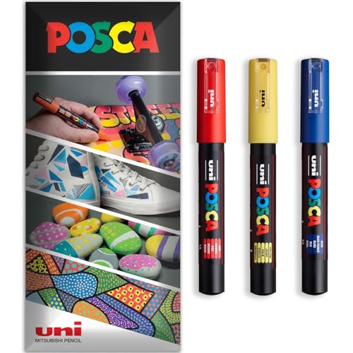 Posca Permanent-Marker auf Wasserbasis, vielseitig verwendbar, PC-1M, Packung mit 3 Stiften in Brieftasche, Rot, Gelb, Blau von POSCA