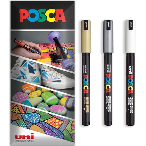 Posca Permanent-Marker auf Wasserbasis, für verschiedene Oberflächen, PC-1MR, Packung mit 3 Stiften in Etui (Gold, Weiß, Silber) von POSCA