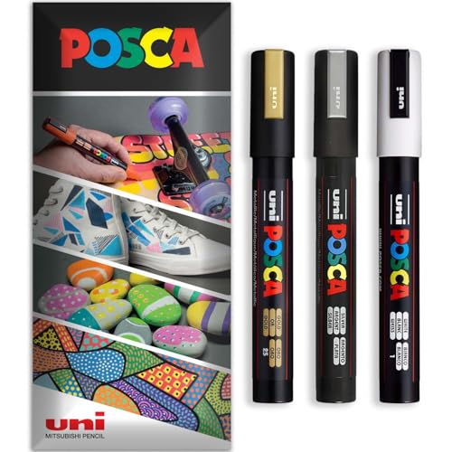 Posca Permanent-Marker auf Wasserbasis, vielseitig verwendbar, PC-5M, Packung mit 3 Stiften in Brieftasche, Gold, Weiß, Silber von POSCA