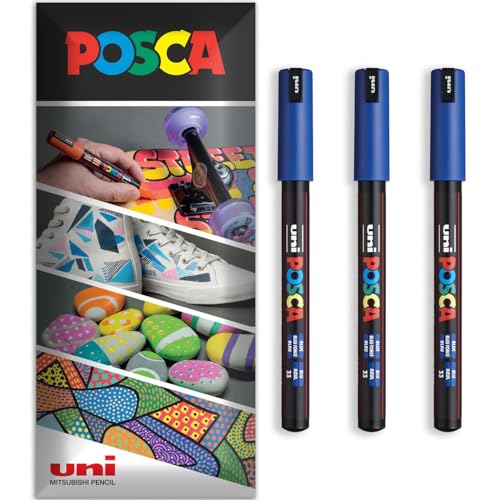 Posca Permanentmarker, wasserbasiert, für verschiedene Oberflächen, PC-1MR, Packung mit 3 Stiften in Brieftasche, Blau von POSCA