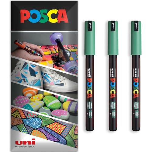 Posca Permanentmarker, wasserbasiert, für verschiedene Oberflächen, PC-1MR, Packung mit 3 Stiften in Brieftasche, Grün von POSCA