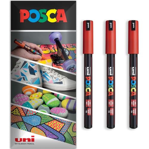 Posca Permanentmarker, wasserbasiert, für verschiedene Oberflächen, PC-1MR, Packung mit 3 Stiften in Brieftasche, Rot von POSCA