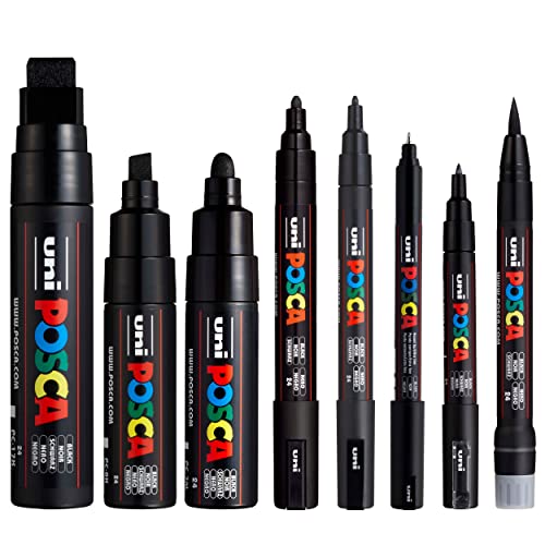 Posca Schwarz - Komplettes Set mit 8 Stiften (PC-17K, PC-8K, PC-7M, PC-5M, PC-3M, PC-1M, PC-1MR, PCF-350) von POSCA