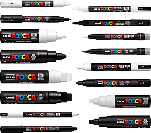 Posca Schwarz und Weiß – komplettes Set mit 16 Stiften (PC-17K, PC-8K, PC-7M, PC-5M, PC-3M, PC-1M, PC-1MR, PCF-350) von POSCA