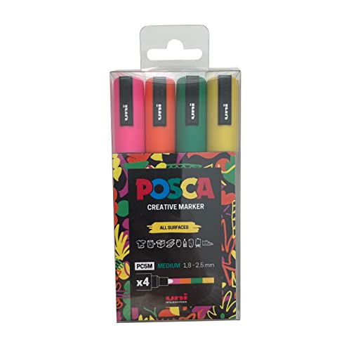 Posca Stifte PC-5M Filzstift Acrylfarbe Färben Set Deckend Farbige Permanent Marker für Erwachsene und Kinder Ideal auf Stoff, Graffiti, Aquarell, Umriss, Zeichnen, Fenster und Glaskunst 4 Pack von POSCA