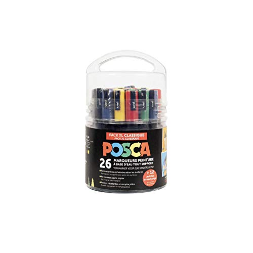 POSCA Uni Mitsubishi Pencil – Spezialbehälter für kreative Hobbys – Pack XL – 26 Marker, 2 Spitzengrößen PC3M und PC5M – 12 Ersatzspitzen enthalten – klassische Farben von POSCA