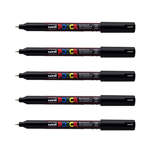 posca Uni Mitsubishi Pencil – 5 schwarze Marker, PC1MR, extrafeine Spitze, 0,7 mm – Farbmarker auf Wasserbasis – für Papier, Textilien, Glas, Kieselsteine usw. von POSCA