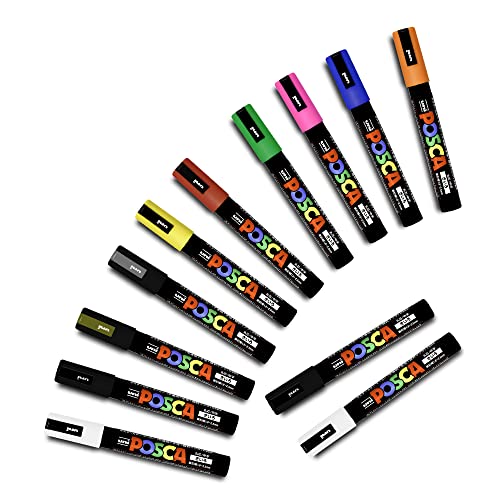 POSCA Uni PC-5M Paint Pen Art Marker-Stift, professionelles Set mit 12 Stiften, extra schwarz und weiß von POSCA