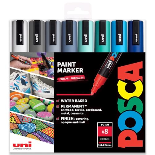 posca Uni-Ball PC-5M Paint Marker Art Pens – 1,8–2,5 mm – Cool Tones Set mit 8 Stiften in Geschenkbox von POSCA