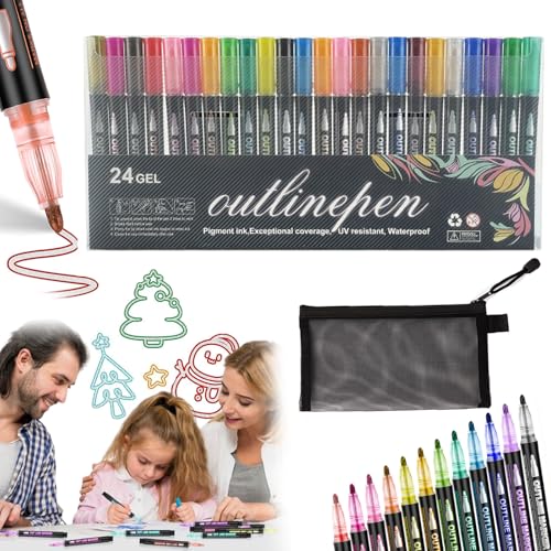 POTKFMN Leuchtstift Grafitistift, Textmarker mit zwei Linien, Konturenstifte, Metallic-Marker, Farbstifte mit zwei Spitzen zum Zeichnen, für Kunst und Handwerk, Grußkarten (24pcs) von POTKFMN