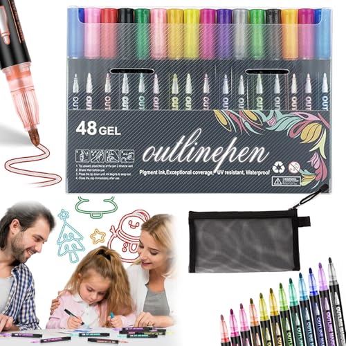 POTKFMN Leuchtstift Grafitistift, Textmarker mit zwei Linien, Konturenstifte, Metallic-Marker, Farbstifte mit zwei Spitzen zum Zeichnen, für Kunst und Handwerk, Grußkarten (48pcs) von POTKFMN