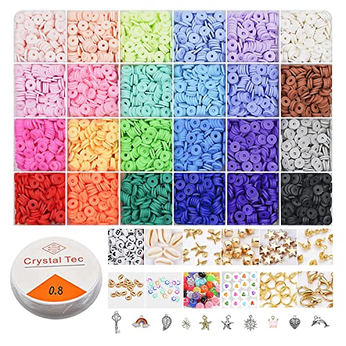 POTUANOT 5244 Stück Tonperlen, 6 mm 24 Farben Perlen Zum Auffädeln, mit Anhänger-Charms-Kit und elastischen Schnüren, für Bastelset Kinder Armbänder Selber Machen von POTUANOT