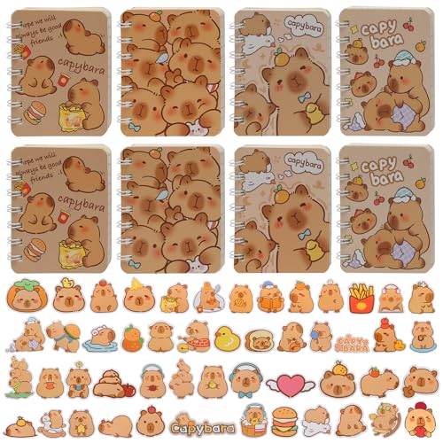 POXIAOER Notizbuch A7, 8 Stück Kleines Notizbuch Tragbar im Taschenformat Notizblock Liniert 10 x 8cm Mini Notizbuch Büro Schule Schreibwaren Kawaii Capybara Notizbuch mit 50 Stück Capybara Sticker von POXIAOER