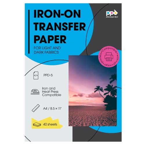 PPD 40 x A4 Inkjet Premium Transferpapier Hell/Dunkel, für Bügeleisen und Transferpresse PPD-5-40 von PPD