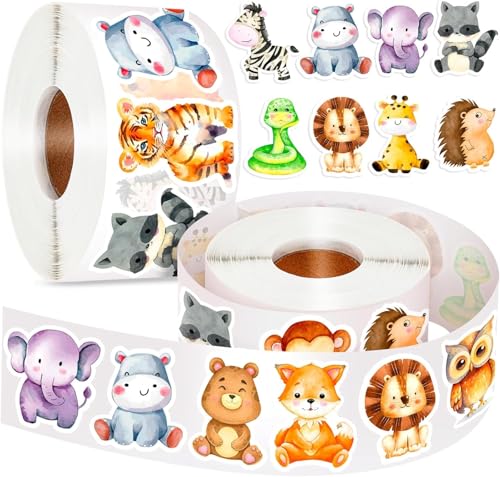 Runde Tier Aufkleber, 1000pcs Animal Sticker Rolle, Tier Aufkleber, Tier Belohnungsaufkleber, Tieraufkleber Runde, Cartoon Tier Aufkleber, Animal Sticker Kinder, Tiermuster Sticker von PPGGOPP