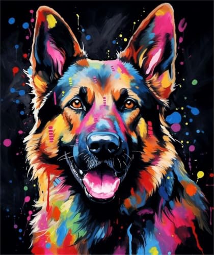 PPTRTYQT Malen nach Zahlen Kits 40x 50 cm Leinwand DIY Acrylmalerei für Erwachsene und Kinder mit Farben Pinseln und Lupe in Kartengröße,Abstrakte Graffiti bunten deutschen Schäferhund von PPTRTYQT