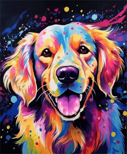 PPTRTYQT Malen nach Zahlen Kits für Erwachsene Kinder Anfänger DIY Ölgemälde Geschenk Vorgedruckte Leinwand Wanddekoration Kunst 40x50cm,Abstraktes Gekritzel bunter Golden Retriever Hund von PPTRTYQT