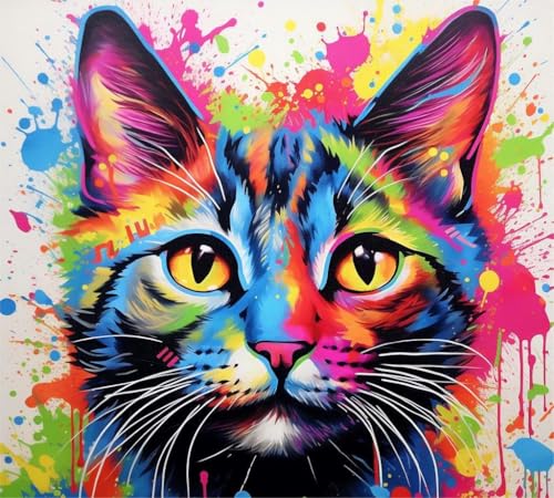 PPTRTYQT Malen nach Zahlen für Erwachsene Kinder Diy Malen für Erwachsene Anfänger Level mit Pinseln und Acrylpigment 16x20 Zoll Home Dekorationen Geschenk, Abstrakte Graffiti Kätzchen bunte Katze von PPTRTYQT