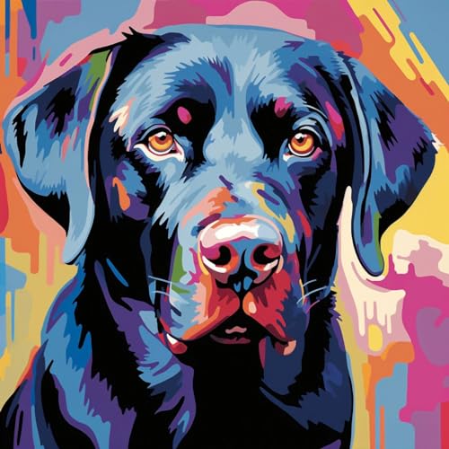 PPTRTYQT Schwarzer Labrador, Bunter Hund, Malen Nach Zahlen Für Erwachsene Kinder 16X16 Zoll Leinen Leinwand Diy Digitales Malen Nach Zahlen Kits Kinder Geschenke Handgemalte Dekoration,ohne Rahmen von PPTRTYQT