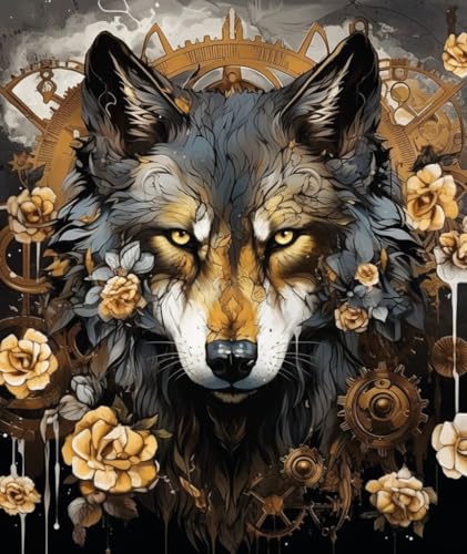 PPTRTYQT schwarzgoldener Wolf und Rose Steampunk von PPTRTYQT