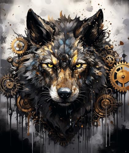 PPTRTYQT schwarzgoldener Wolf und Rose Steampunk von PPTRTYQT