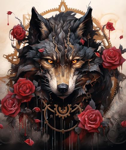 PPTRTYQT schwarzgoldener Wolf und Rose Steampunk von PPTRTYQT