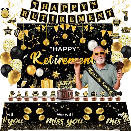 Happy Retirement Party Dekorationen für Männer Frauen Schwarz Gold Ruhestand Party Dekorationen Hintergrund Banner Luftballons Swirl Kuchen Topper Ruhestand Schärpe für Ruhestand Party von PPXMEEUDC