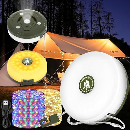 PQETBV Camping Lichterkette, Camping Laterne mit 5 Beleuchtungsmodi, Camping Lichterkette Aufrollbar, Langlebig und Wasserdicht, 10M Tragbare Campinglampe für Camping, Garten und Wandern von PQETBV