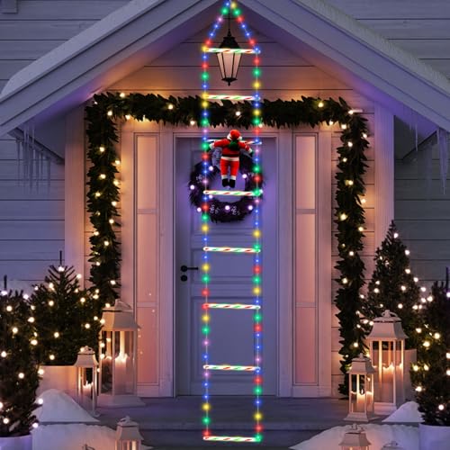 PQETBV Weihnachtsmann Leiter Lichterkette, 2M Weihnachtsmann mit Leiter, für Innen Außen Weihnachtsbaum Fenster Weihnachten Deko (Bunte Beleuchtung) von PQETBV