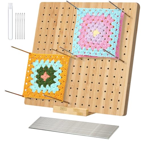 Sperrbrett für Granny Square, Wooden Blocking Board Häkeln und 20 Edelstahl Stabstiften, PQKL-party Sperrbrett Häkeln Holz, Crochet Blocking Board Kit, Strick-und Häkelprojekte, Bambus Blockierbretter von PQKL-party