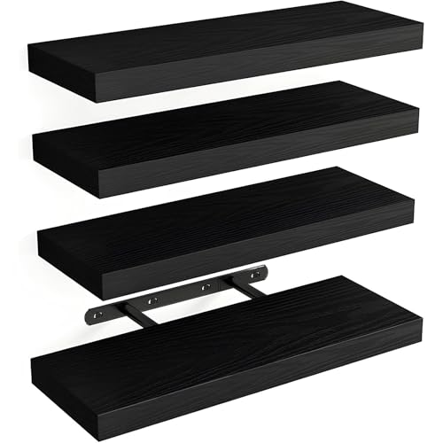 PQPQLI Set Mit 4 Wandregalen Wand Hängeregal Stabile Wandboards Holz Schweberegal Mit Viel Stauraum Schwimmende Regale Für Dekos, Bilderrahmen, Buch, Für Schlafzimmer, Büro, Wohnzimmer(Black) von PQPQLI