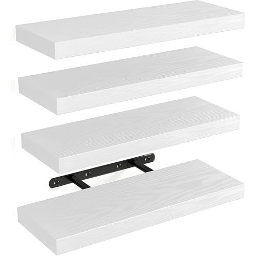 PQPQLI Set Mit 4 Wandregalen Wand Hängeregal Stabile Wandboards Holz Schweberegal Mit Viel Stauraum Schwimmende Regale Für Dekos, Bilderrahmen, Buch, Für Schlafzimmer, Büro, Wohnzimmer(White) von PQPQLI