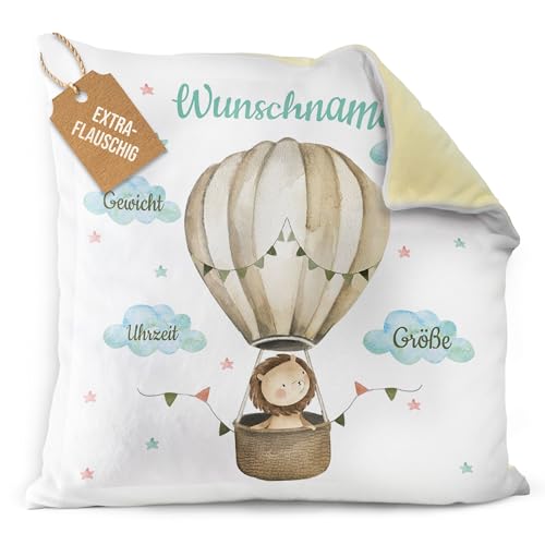 PR Print Royal Flauschiges Kissen zur Geburt - Löwe im Heißluftballon - Geschenk zur Geburt mit Name und Geburtsdaten Personalisieren | 40 x 40 cm, Rückseite Gelb Flauschig von PR Print Royal