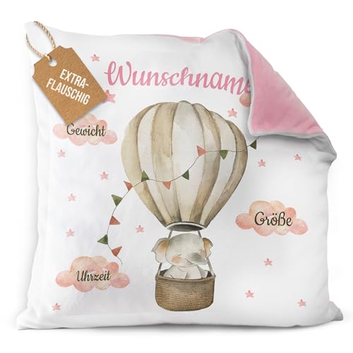 PR Print Royal Flauschiges Kissen zur Geburt personalisiert - Elefant im Heißluftballon - Geschenk zur Geburt mit Name und Geburtsdaten | 40 x 40 cm, Rückseite Rosa Flauschig von PR Print Royal