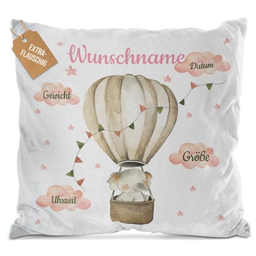 PR Print Royal Flauschiges Kissen zur Geburt personalisiert - Elefant im Heißluftballon - Geschenk zur Geburt mit Name und Geburtsdaten | 40 x 40 cm, Weiß Flauschig von PR Print Royal