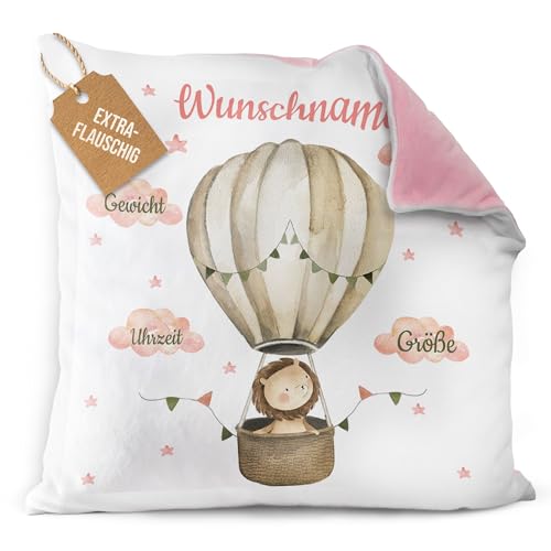 PR Print Royal Flauschiges Kissen zur Geburt personalisiert - Löwe im Heißluftballon - Geschenk zur Geburt mit Name und Geburtsdaten | 40 x 40 cm, Rückseite Rosa Flauschig von PR Print Royal