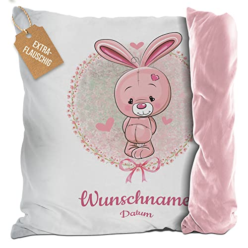 PR Print Royal Flauschiges Kissen zur Taufe mit Name & Datum - Hase - Geschenke zur Taufe, personalisierte Taufgeschenke Patenkind | inkl. Kissenfüllung, Rückseite Rosa, 40 x 40 cm von PR Print Royal