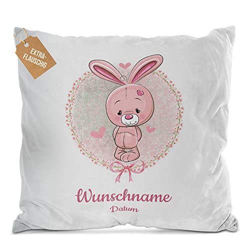 PR Print Royal Flauschiges Kissen zur Taufe mit Name & Datum - Hase - Geschenke zur Taufe, personalisierte Taufgeschenke Patenkind | inkl. Kissenfüllung, Weiß, 40 x 40 cm von PR Print Royal